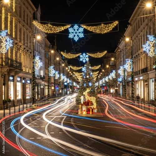 A city street glowing with Christmas lights, featuring bright snowflake decorations, a festive Christmas tree, and colorful light trails from passing cars at night