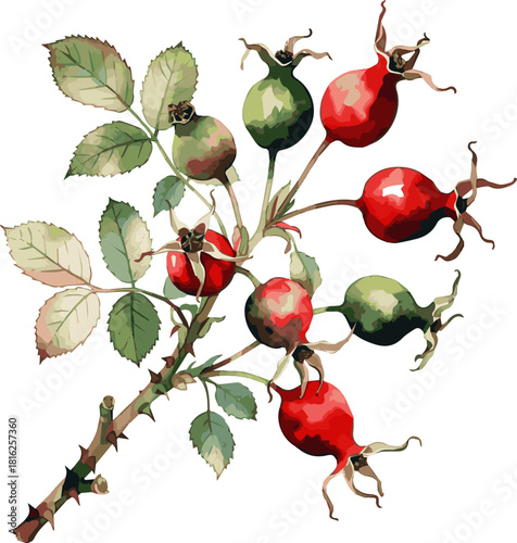 Create a kinds of deferent rosehips or dogrose fruits on branch vector art with white background.