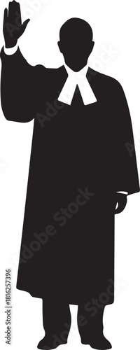 Lawyer silhouette raising hand in court symbolizing justice and legal rights advocacy