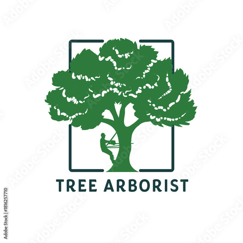 A captivating logo featuring a tree arborist silhouette against a vibrant green tree, framed by a sleek square, isolated on