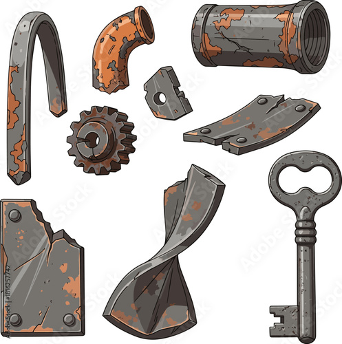 Create a kinds of deferent rustic old metal pieces vector art with white background.