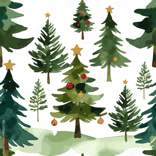 Create a kinds of deferent watercolor christmas tree forest vector art with white background..