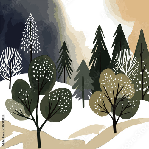 Create a kinds of deferent winter christmas trees landscape in watercolor style vector art with white background.