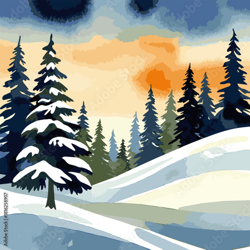 Create a kinds of deferent winter christmas trees landscape in watercolor style vector art with white background.