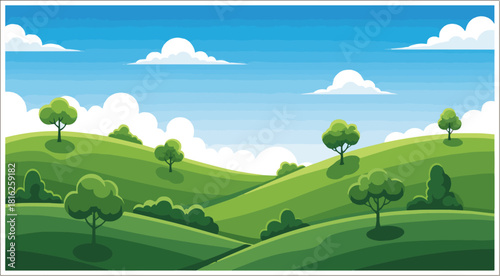 Create a landscape with green grass hills and trees with sky vector art with white background.