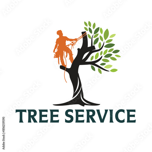 Tree service logo featuring a tree surgeon climbing a tree, symbolizing professional tree care and maintenance isolated on