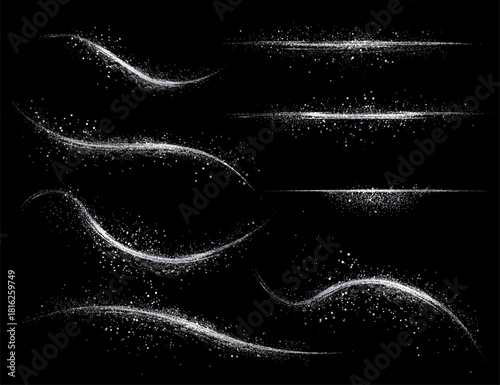 Isolated design component, set of wavy shapes made of shiny white tinsel.