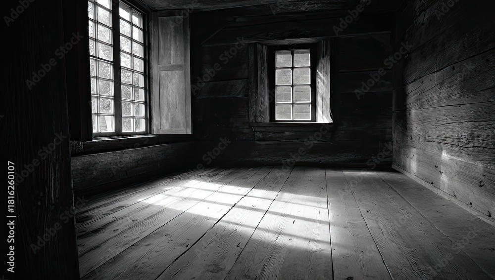 Naklejka premium Dim, empty room with wood walls and windows
