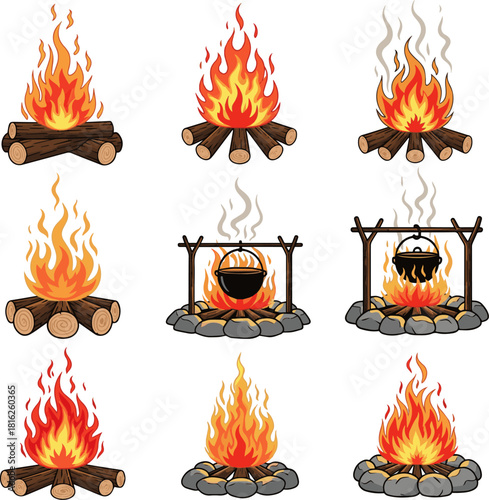 Create a set of fire places campfire vector art with white background..