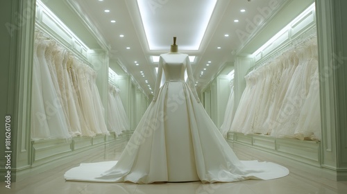 Elegant bridal gown showcased in a luxurious boutique setting with racks of white dresses and soft lighting creating a serene atmosphere for brides