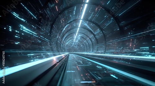 Fototapeta Naklejka Na Ścianę i Meble -  Futuristic tunnel with glowing lines abstract technology background perfect for science fiction or transportation concepts