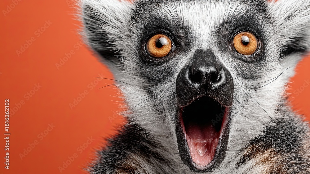 Obraz premium Lemur face. Open mouth. Surprise, shock, paws on head on a solid colored background. Space for text.