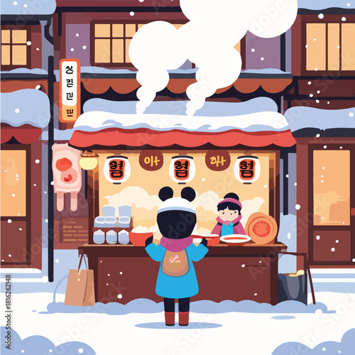 a cute character buying tteokbokki at a Korean winter street stall