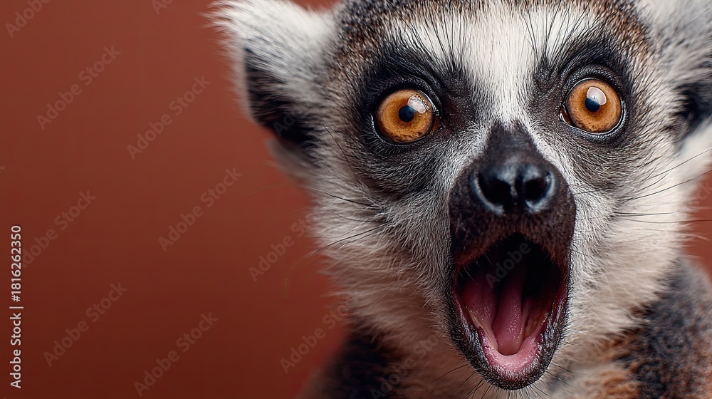 Obraz premium Lemur face. Open mouth. Surprise, shock, paws on head on a solid colored background. Space for text.