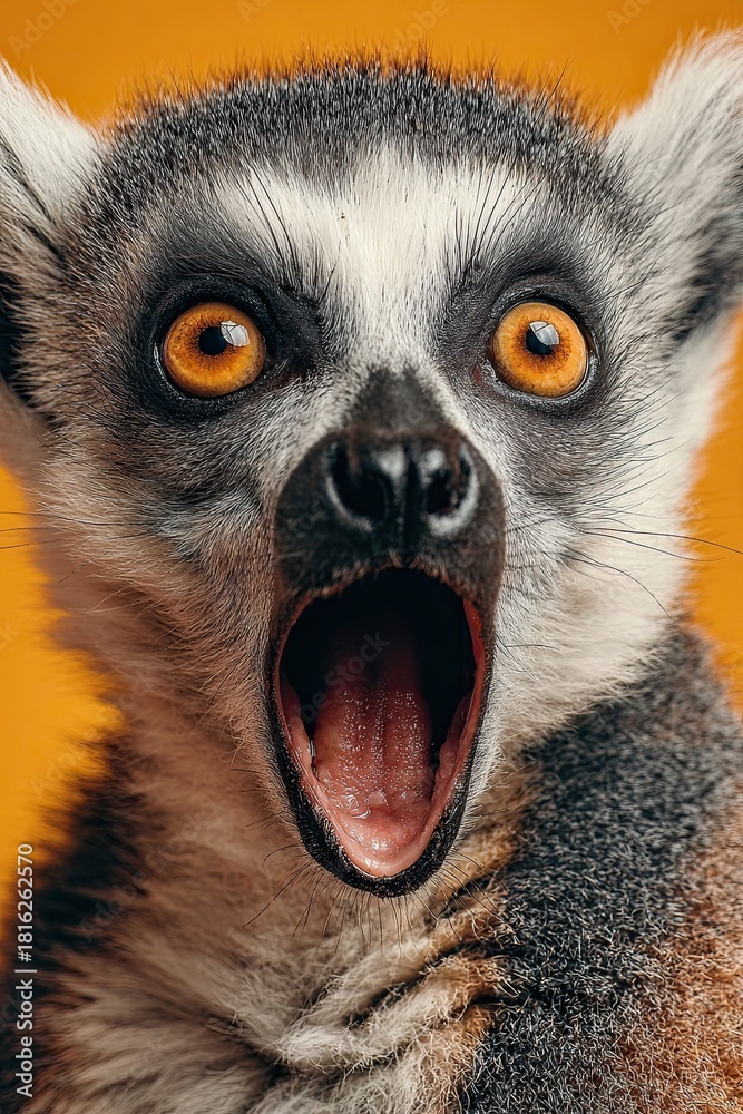 Naklejka premium Lemur face. Open mouth. Surprise, shock, paws on head on a solid colored background. Space for text.