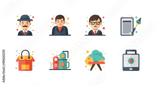 Collection of colorful business and creativity icons, illustrating diverse professions and