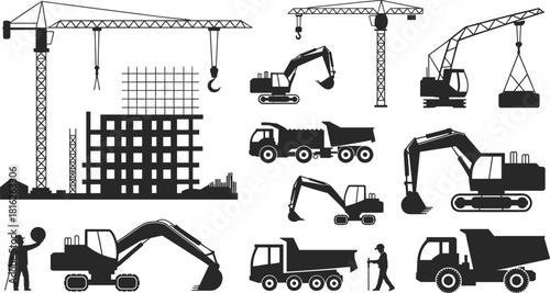 Complete construction site heavy machinery vector silhouettes, including tower crane, excavator, dump truck, building frame, worker, and loader industrial equipment set.