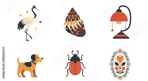 Whimsical Illustrated Assortment Featuring Fauna, Flora, and Household Decorative Objects