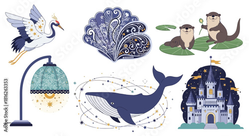 Enchanting whimsical animal and architectural illustrations for dreamy fantasy designs