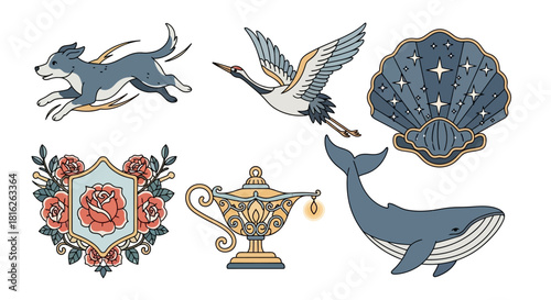 Illustrative collection of fantasy and mythical elements including animals and objects