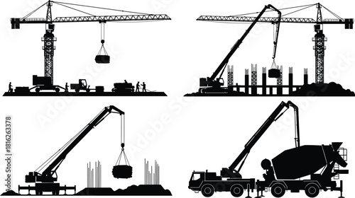 Concrete pouring and heavy lifting construction site silhouette set, featuring tower crane, boom pump truck, cement mixer, and building foundation vectors.