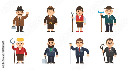 Diverse stylized professional characters representing various occupations in flat vector art