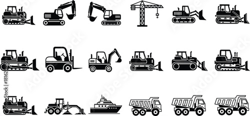 Construction and heavy equipment vehicle icon set, including bulldozer, excavator, dump truck, crane, forklift, and grader silhouette vector.