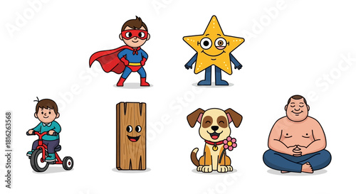 Cartoon character collage featuring a child, superhero, star, wood, dog, and meditating man