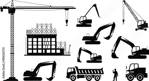 Construction site machinery silhouette collection, featuring tower crane, multiple excavators, dump truck, building frame, loader, and worker vector graphics for heavy industry.