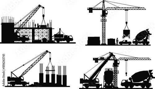 Construction site silhouette set, featuring tower crane, boom lift, cement mixer truck, building structure, and heavy industrial machinery in vector.
