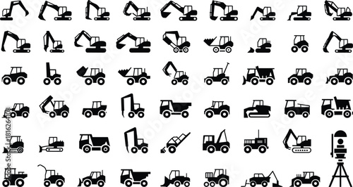 Construction vehicle silhouettes collection featuring excavators, tractors, loaders, bulldozers, dump trucks, forklifts, and heavy machinery icons for industrial equipment design, vector illustration