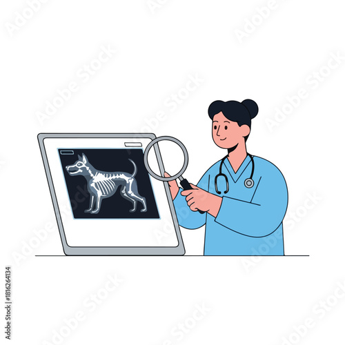 Veterinarian Analyzing a Dog X ray with Magnifying Glass