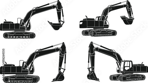 Detailed excavator heavy machinery silhouette set, construction digger vehicle outline graphic in black vector for earth moving and mining.