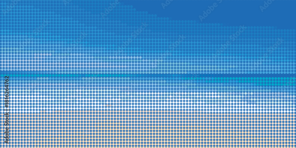 Naklejka premium Abstract beach scene featuring blue sky, ocean, and sand, rendered in a striking halftone dot grid. Visualizes a minimalist digital landscape, ideal for travel, summer, and retro tech themes