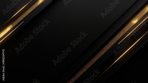 abstract black geometric shape background with diagonal golden line and glitter texture creating elegant luxury contrast scene concept of design, branding, presentation industry