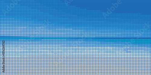 Abstract beach scene featuring blue sky, ocean, and sand, rendered in a striking halftone dot grid. Visualizes a minimalist digital landscape, ideal for travel, summer, and retro tech themes