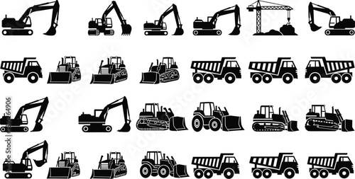 Extensive construction heavy equipment icon set, featuring excavator, dump truck, bulldozer, and crane silhouette collection vector graphics for industrial earthwork.