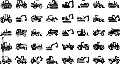 Extensive heavy equipment vehicle icon set, featuring excavator, dump truck, loader, bulldozer, and tractor silhouette collection vector graphics for construction and farm.