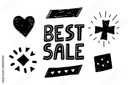 Handdrawn best sale lettering with various doodle elements like a heart, cross, diamond, and banners, creating a playful and eyecatching design for promotions and discounts, isolated on