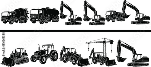 Heavy construction and farm machinery silhouette set, featuring excavator, bulldozer, dump truck, cement mixer, loader, tractor, and crane vehicle vector graphics.