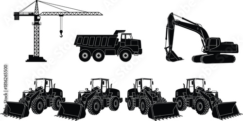 Heavy construction machinery silhouette set, including tower crane, dump truck, excavator, and front-end loader vehicle vector graphics for industrial earthmoving projects.