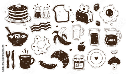 hand drawn breakfast doodle illustrations, minimalist cute line art drawing for invitations, menus, parties