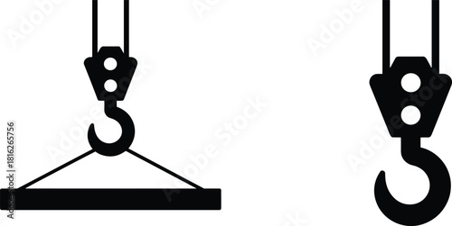 Industrial crane hook, pulley block, and heavy lifting sling icon set, monochrome construction equipment safety sign, simple vector illustration