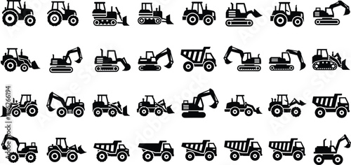 Massive heavy equipment construction and farm machinery icon set, featuring excavator, dump truck, loader, bulldozer, and tractor silhouette collection vector graphics.