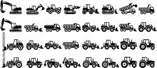 Massive heavy equipment vehicle icon set, featuring excavator, dump truck, wheeled loader, bulldozer, and tractor silhouette collection vector graphics for construction and farm.