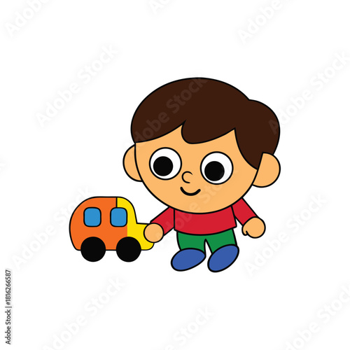 Cartoon Boy Playing With A Small Toy Van