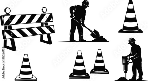 Road construction and maintenance worker silhouette set, featuring traffic cone, striped barricade barrier, worker with jackhammer, and shoveling labor vector.