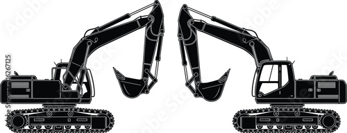 Twin heavy-duty excavator construction machinery vector silhouette, mirrored tracked digger graphic in black for earthwork, mining, and civil engineering.
