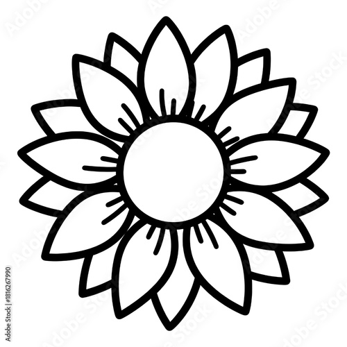 A flat black and white line icon of sunflower head with large radiating petals