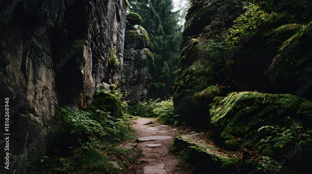 Obraz premium A narrow hiking trail winding through a dark and moody moss covered rock canyon.